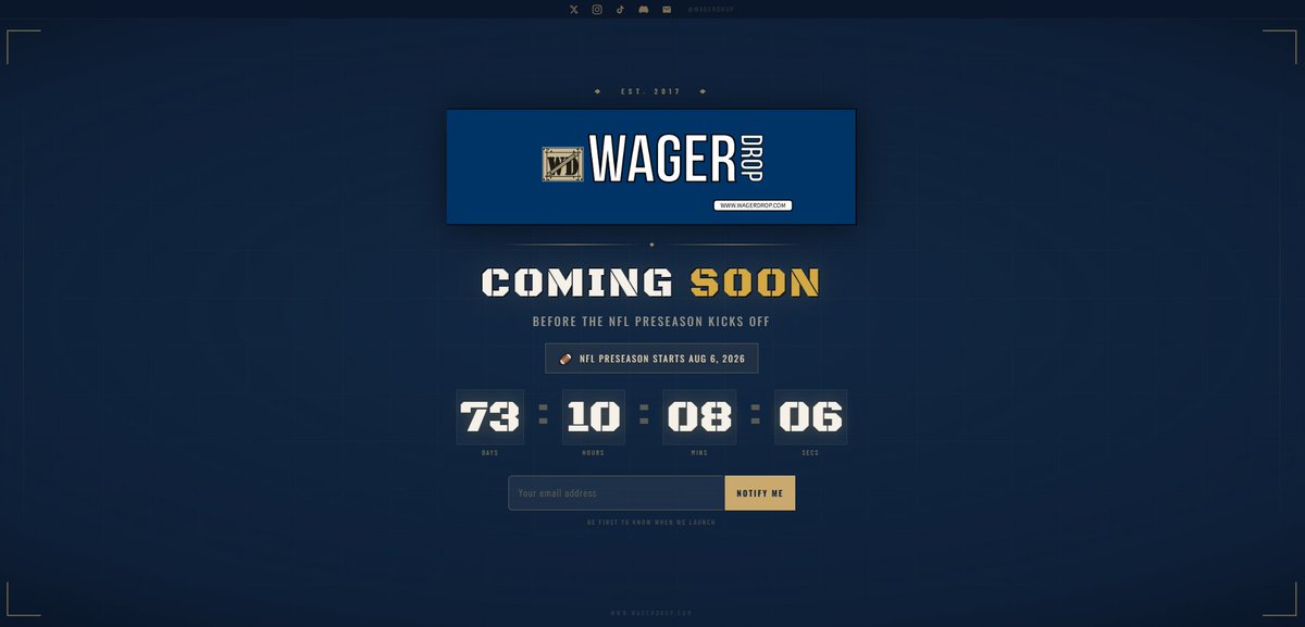 WagerDrop's tweet photo. Something BIG is dropping before the NFL preseason.

Premium picks. Real edge. Free tools. Built different.

Get on the list early → https://t.co/5tDCqCLXtQ https://t.co/v3c6P1aY6W