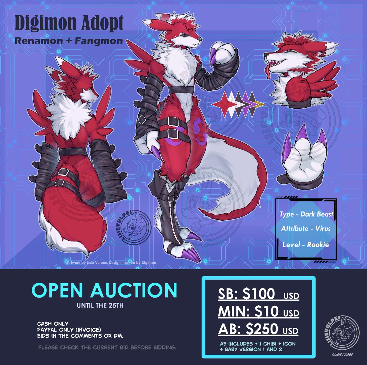 LissVcomms's tweet photo. ADOPT AUCTION!!
Renamon + Fangmon 
until the 25TH!! 

SB: $100
MIN: $10
AB: $250 (chibi + icon + baby version 1 and 2)

Rules and bids in the comments!!

#adoptable #furry #fursona https://t.co/FH9iDfblEr