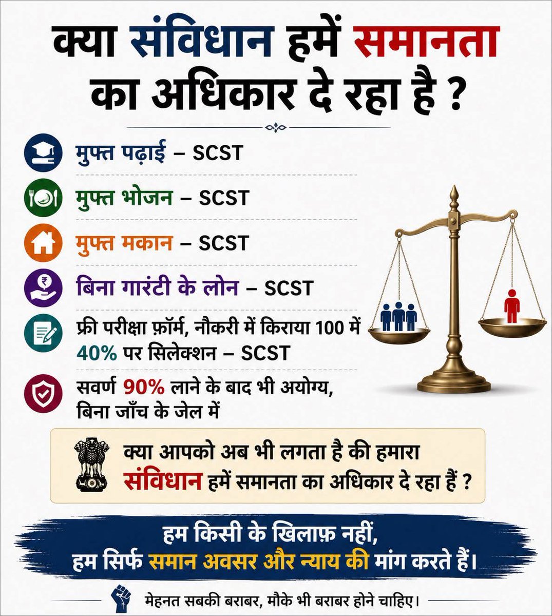 sarita25148177's tweet photo. संविधान सबको न्याय देने के लिए बना था, भेदभाव बढ़ाने के लिए नहीं, हम किसी के खिलाफ नहीं, बस समान अवसर के पक्ष में हैं। https://t.co/cooSnmC0iY