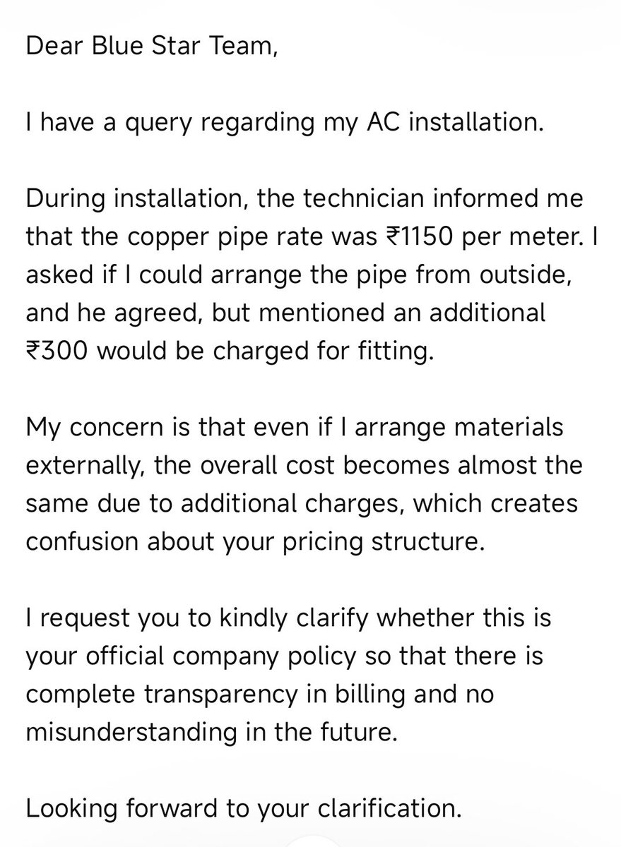 GIRISH8000's tweet photo. @BlueStarCare @VSSupport_  During AC installation, I was told copper pipe is ₹1150/m and even if I arrange it myself, ₹300 extra will be charged for fitting This makes the total cost almost the same which is confusing. Please clarify if this is your official policy. #Vijaysales https://t.co/gPiXQSJ91e