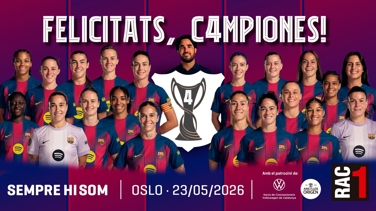 EsportsRAC1's tweet photo. 🏆 𝗖𝗔𝗠𝗣𝗜𝗢𝗡𝗘𝗦 𝗗'𝗘𝗨𝗥𝗢𝗣𝗔𝗔𝗔!!!

El @FCBfemeni toca el cel a Oslo i aconsegueix la quarta Champions de la seva història. L'equip de Pere Romeu ha guanyat 4-0 l'Olympique de Lió de Jonatan Giráldez.

🔵🔴 Enhorabona, campiones! https://t.co/81IcYGZHbW