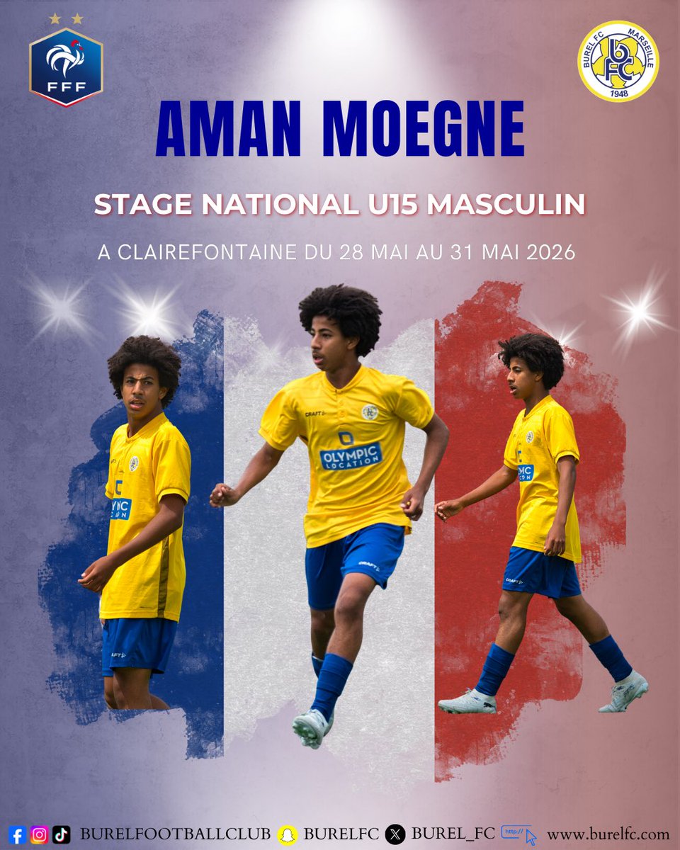 Burel_FC's tweet photo. 🔵🟡 Félicitations à Aman MOEGNE pour sa convocation au stage national U15 à Clairefontaine 🇫🇷⚽

👏 Actuellement surclassé avec nos U16 R1, cette sélection récompense son travail et sa progression.

Fier de toi Aman 💙💛

#BurelFC #FFF https://t.co/6fKumANHk8