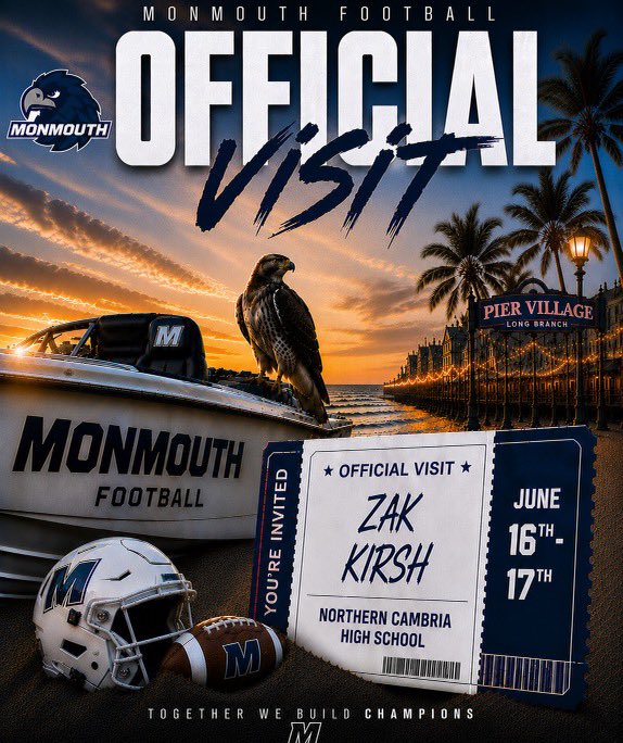 ZakKirsch's tweet photo. I will be taking my official visit to Monmouth University June 16th-17th!!! @Coach_DiRienzo @MUHawksFB @CoachCole94 https://t.co/cRQt4xAMTW