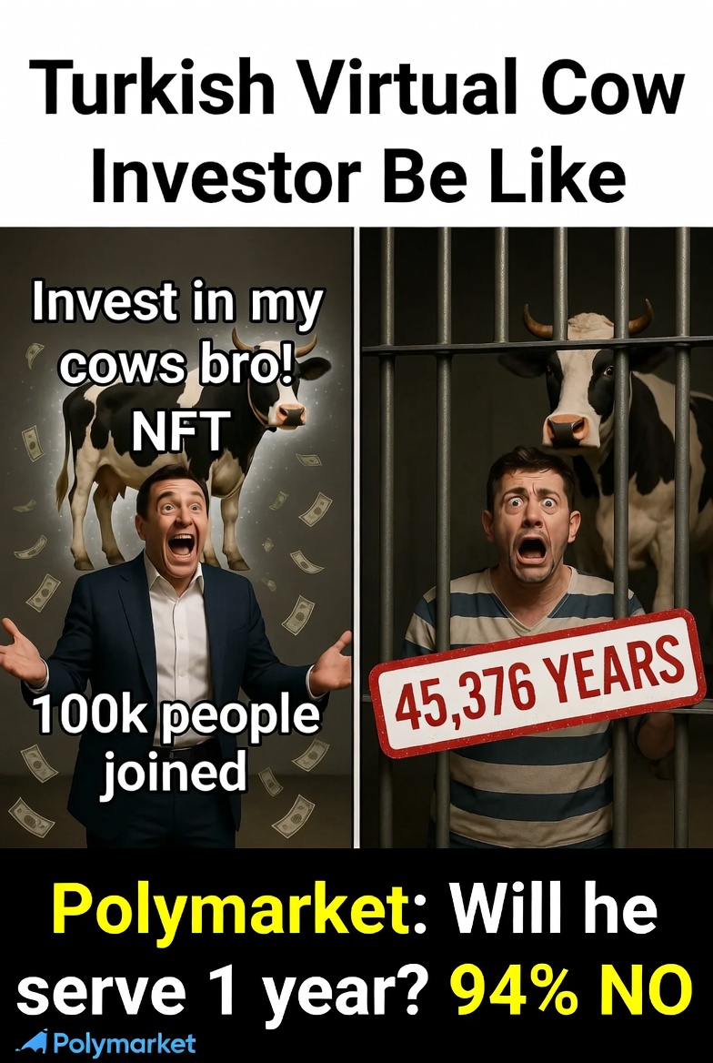 Modapuka's tweet photo. Turkish YouTuber just got sentenced to 45,376 years for selling virtual cows. 🐄🐄

Polymarket already has the market open:
"Will he actually serve any time?"  Current odds: 94% NO  Crypto never dies, even in Turkish prison 

#POLYMARKET https://t.co/T9dMcG52IU