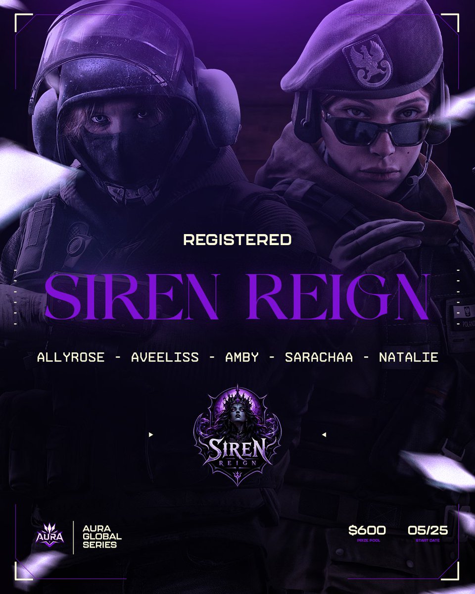 AuraR6League's tweet photo. Where Silence Breaks, Sirens Rise.๐ฑ
#SirenReign is coming to make noise.
๐ฑ@Ally____Rose
๐ฑ@aveelisss
๐ฑ@Amby_R6
๐ฑ@sarachaa03
๐ฑ@strawbesaur
#AuraGlobalSeries https://t.co/kMzpcJlGV5