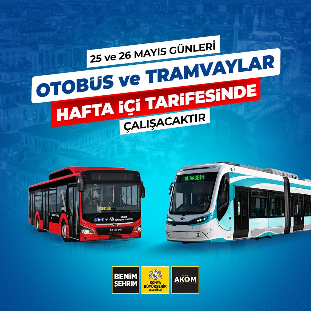 KonyaAkom's tweet photo. 🚍TOPLU ULAŞIM DUYURUSU

🔹 Kurban Bayramı 1. Günü Toplu Ulaşım Araçlarımıza Binişler Ücretsiz Olacaktır.

🔹 Kurban Bayramının 2, 3 ve 4. günleri Toplu Ulaşım Araçlarımıza Binişler %50 İndirim Şeklinde Hizmet Verecektir.

🔹 Bayram Süresince Otobüs ve Tramvaylar Pazar Tarifesinde Çalışacaktır.

🔹 25 ve 26 Mayıs günleri Otobüs ve Tramvaylar Hafta İçi Tarifesinde Çalışacaktır.