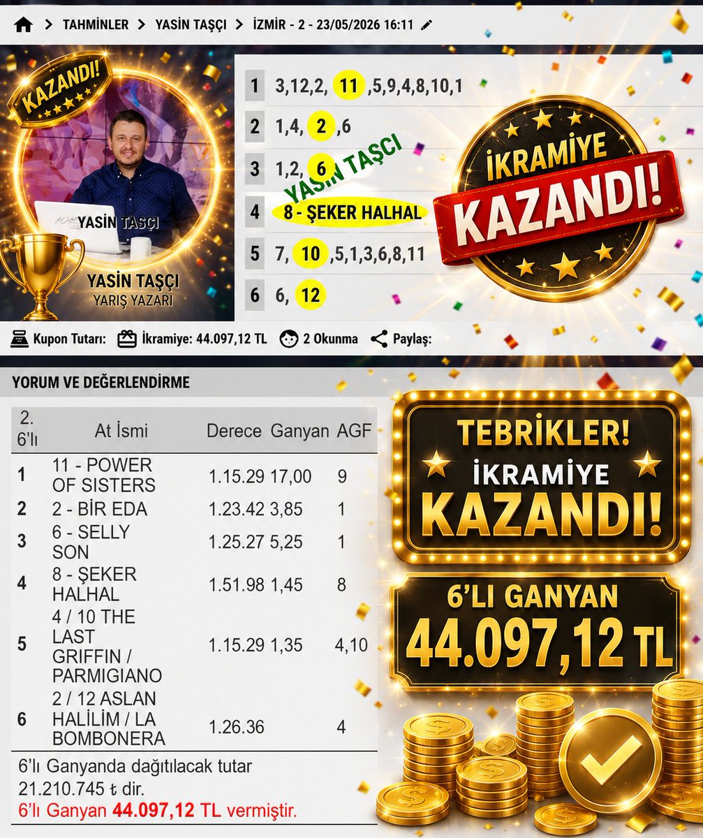 yasintasci3535's tweet photo. İZMİR 2.ALTILI 44,097,12 TL tüm üyelerimize hayırlı olsun https://t.co/DPJUUEKvjK kazandırmaya devam ediyor... https://t.co/c2x5eE0Qvi