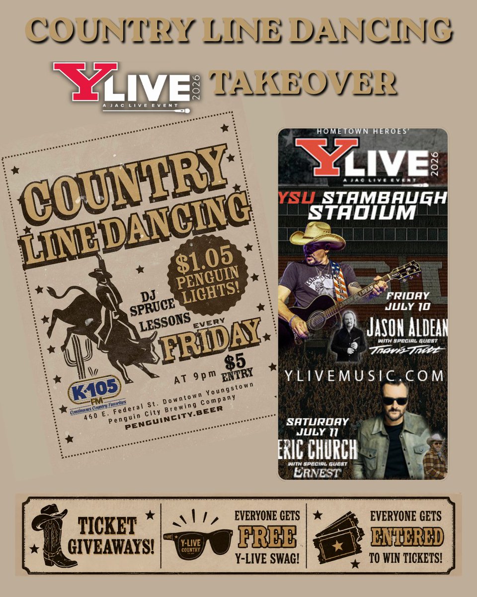 YLiveMusicEvent's tweet photo. Boots on. Country music up. 🤠 Join us and Penguin City for a special Y-Live Country Line Dancing collab featuring free Y-Live swag, ticket giveaways, and chances to win your way into Y-Live this summer. See you Friday night! https://t.co/v0GLe5eTKF
