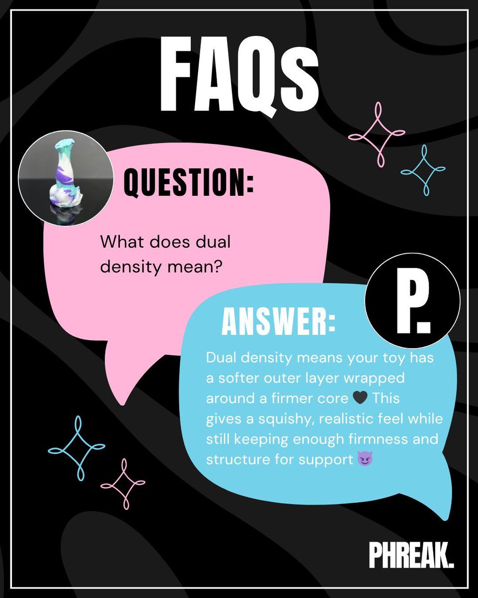 Phreakclub's tweet photo. FAQ Time 👀🖤
“What does dual density mean?”
Dual density toys feature a softer outer layer wrapped around a firmer core 😈 This creates a squishy, realistic feel while still keeping enough firmness and structure for support.
The best of both worlds ✨
#Phreak #DualDensity #SiliconeToy #FAQ #StayPhreaky