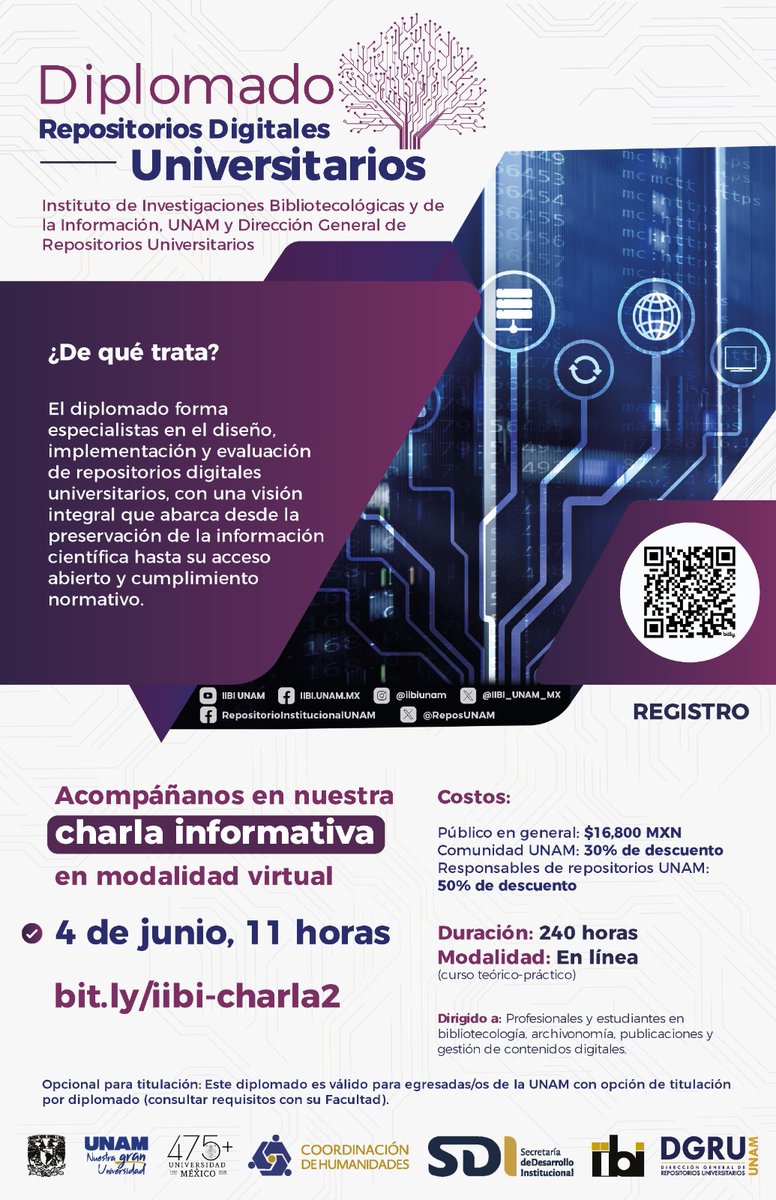 IIBI_UNAM_MX's tweet photo. 🚀 El IIBI y la Dirección General de Repositorios Universitarios te invitan a la charla informativa virtual del Diplomado Repositorios Digitales Universitarios 💻📚

📅 4 de junio
🕚 11:00 h (Hora de México)
💻 Virtual

👉 Regístrate aquí: https://t.co/s7mvOpa9IX https://t.co/v4JcPi4vmm