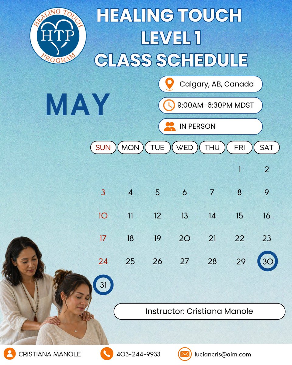 HTProgram's tweet photo. Healing Touch Level 1 – Calgary 🌿

📅 May 30–31
⏰ 9AM–6:30PM
📍 In Person
CE Credits: 16

Instructor: Cristiana Manole

Info: luciancris@aim.com

https://t.co/t3lox8LXVv

#HealingTouch #EnergyHealing #Calgary https://t.co/5ok0D762IM