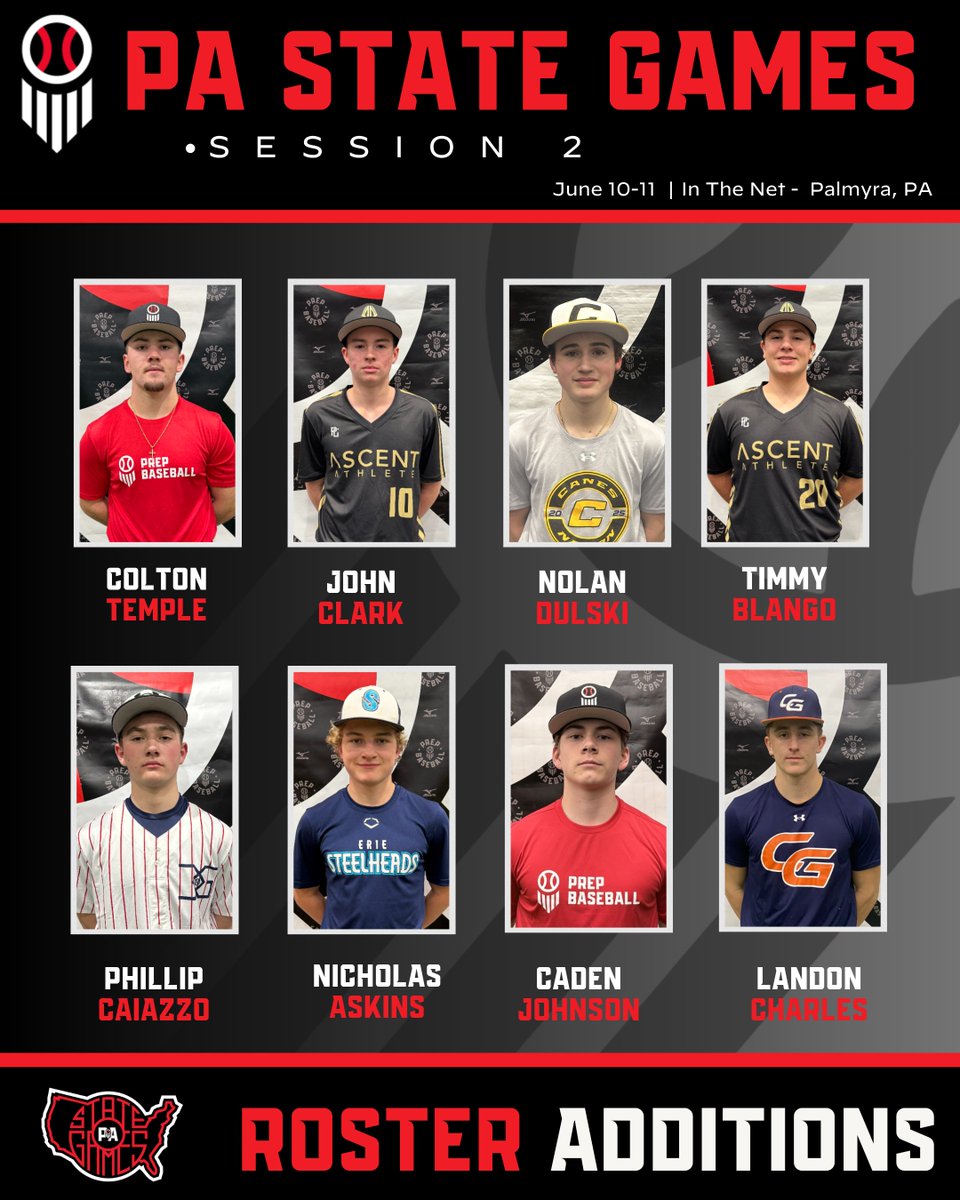 PrepBaseballPA's tweet photo. Please welcome the following players to our PA State Games - Session2️⃣!

📅: June 10-11, 2026
📍: In The Net - Palmyra, PA
🙋‍♂️: 2027 - 2029 grads

Who's NEXT?!

Check 📧 For Invites❗

@thecolttemple @JohnClark2028 
@NolanDulski2028 @Philip_Caiazzo5 
@cadendjohnson99 https://t.co/8l9qGMS810