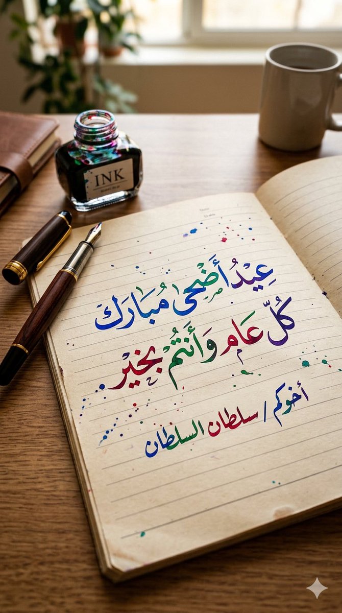 SULTAN__22__'s tweet photo. 🔴 #برومبت 🔴 معايدة بخط اليد الطبيعي بالألوان

#البرومبت #promot
👇🏼👇🏼

"

 انشئ لوحة كرت معايدة جميلة جداً بألوان هادئة وبعيدة عن التلوث البصري وفريدة من نوعه وغير مسبوق، يكون بخلفية هادئة وجميلة وبخط جميل ومميز ومدهش، لوحة مناسبة للعيد، ويكون التنسيق لك أنت فقط ولك الحرية في كيفية الإنشاء، بقياس 9:16 وبدقة 8K.

يُكتب فيها:

عيد أضحى مبارك  
كل عام وأنتم بخير  

وتذييلها باسم:  

أخوكم / سلطان السلطان

بنمط:
(خط اليد الطبيعي جداً بالحبر السائل، الملون مع بقع ألوان أحمر وأزرق وأخضر وبنفسجي على ورقة كشكول مسطرة، وتكون الأقلام بالحبر الملون السائل الفخم جداً والمحبرة واضحة في اللوحة)

Ultra detailed Arabic Eid greeting card design, peaceful and elegant composition, soft minimal aesthetic, premium handwritten Arabic typography, realistic liquid ink calligraphy, notebook paper texture with subtle ruled lines, colorful ink splashes in red, blue, green and purple, luxurious fountain pens and visible ink bottle on the desk, artistic creative arrangement, warm ambient lighting, realistic paper shadows, cinematic stationery photography style, highly aesthetic Arabic layout, clean premium visual hierarchy, soft depth of field, realistic materials, ultra sharp details, masterpiece quality, octane render style, 8K, vertical composition 9:16.

"