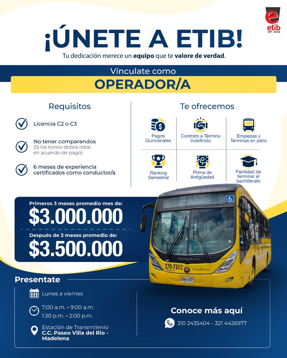 ETIB_SAS's tweet photo. Maneja tu futuro con ETIB! 🚌 Buscamos Operadores/as con licencia C2 o C3 y 6 meses de experiencia.
💰 Ingresos promedio: $3.000.000 (primeros 3 meses) ➡️ ¡luego $3.500.000!
📝 Contrato a término indefinido + pagos quincenales.
📍 Preséntate de Lunes a Viernes https://t.co/DBoIe5ex9j