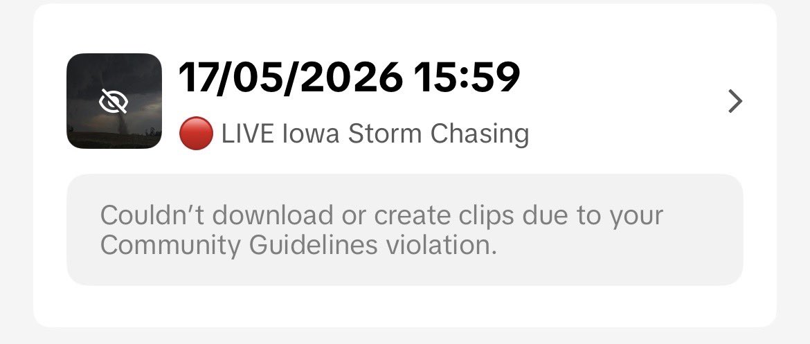 beyond_wx's tweet photo. I livestreamed the Saint Libory, Nebraska tornado to TikTok on Sunday. The stream was cut off abruptly for “violating community guidelines.” The considered the violation so severe that they restricted streaming, gave no option to appeal and won’t let me access the footage. 1/3 https://t.co/bAienlZb92