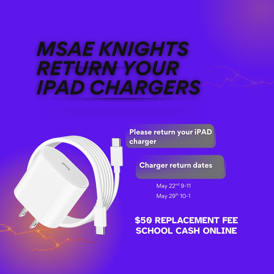 MSAEastKnights's tweet photo. Middle and high school Knights, we picked up iPads and chargers earlier this week. If you were absent, please don’t forget to turn everything in. https://t.co/uUcTcNdcu6