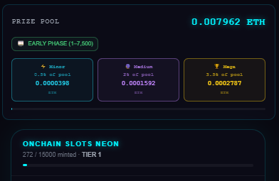 onchainslots's tweet photo. 272 Minted.
1,728 left until the next TIER.

To celebrate this milestone:

10 NFTs will be burned.
10 NFTs will be given away.
Drop your wallet below.

Right now each spin costs only 10 cents (0.00005 ETH).

Next TIER price will be $1 (0.0005 ETH).

Prize Pool is already at 0.0079 ETH and still growing.

Winners announced in 24 hours.

Onchain Slots Neon.