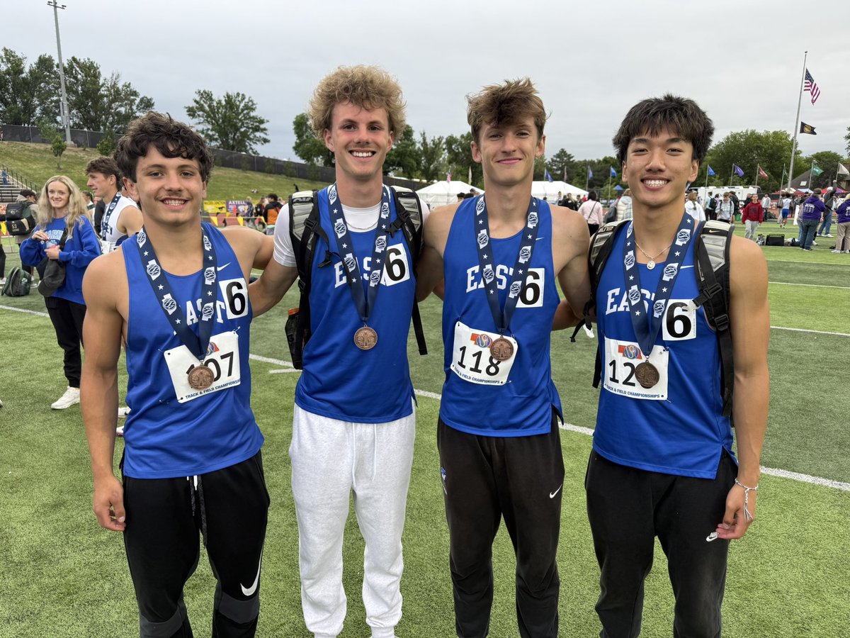 LE_Track's tweet photo. Spartans quartet of Noah Ingwerson, Isaac Tomhave, Brecken Spencer &amp; Chanh Tran captured 8th at the State meet on Thursday in the 1600m relay. Their time is just outside East’s All-Time Top 10. https://t.co/bwGvIF8mNB
