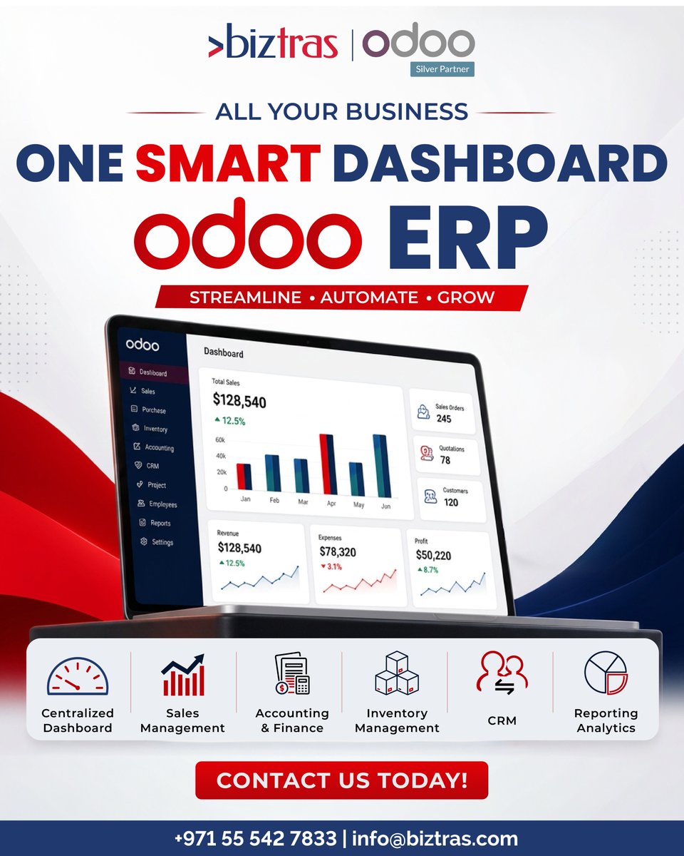 BiztrasIT's tweet photo. Take charge of your business with Odoo ERP powered by Biztras.
Sales, finance, CRM, inventory &amp; reporting — all in one smart dashboard to automate and accelerate growth.
DM us to transform your workflow.
#Biztras #OdooERP #OdooSilverPartner #BusinessAutomation #ERPExperts https://t.co/oDALmrLo12