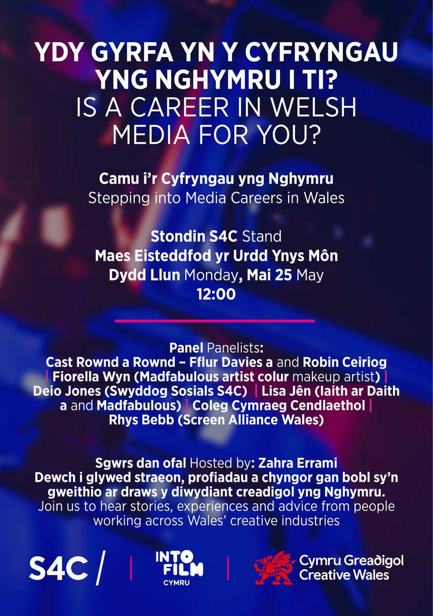 ScreenAllianceW's tweet photo. Os yr ydych chi ar faes yr Urdd Ddydd Llun a meddwl am weithio yn y diwydiannau creadigol, yna dewch draw i stondin S4C am hanner dydd.  Fydd Rhys yn aelod o'r panel yn trafod llwybrau gyrfaol.

@S4C 
@intofilm_cymru 
@CymruGreadigol https://t.co/wRAS33rv0n