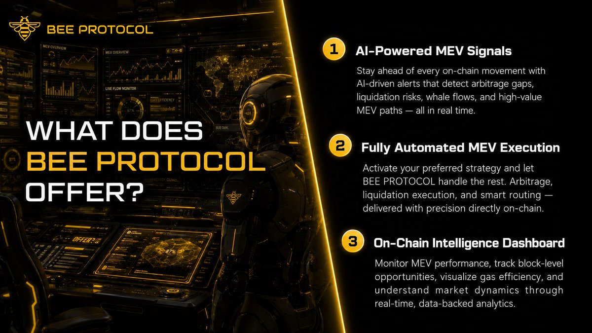 Bee_Protocol's tweet photo. The next generation of DeFi won’t be manual.

It will be automated, intelligent, and data-driven.

BEE PROTOCOL combines MEV signals, smart routing, arbitrage execution, liquidation capture, and on-chain dashboards into one AI-powered execution engine.

This is MEV for everyone. https://t.co/IXzy7sup4x