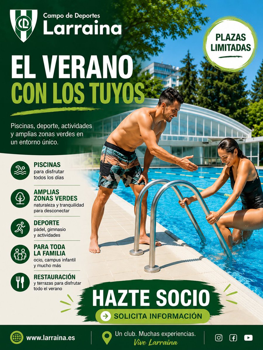 CDLarraina's tweet photo. ☀️ Este verano vive Larraina con los tuyos. Disfruta de piscinas, deporte, actividades y un entorno único en el centro de Pamplona.

📍 Plazas limitadas
🌐 consulta las condiciones para nuevos socios en https://t.co/JqlzBoQlxM ¡Ven a conocernos! https://t.co/upwq9mA6wP