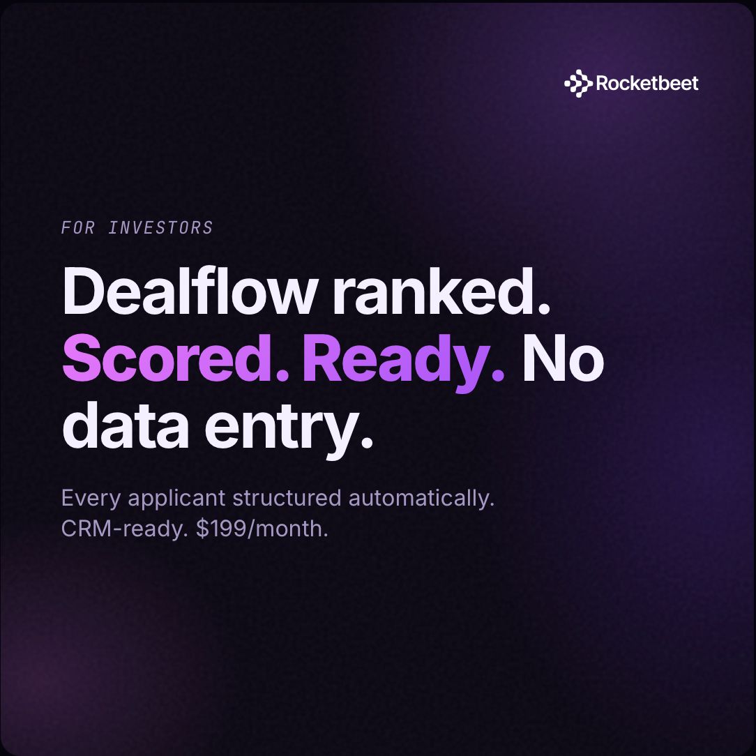 Rocketbeet's tweet photo. For investors — $199/month:

✓ Every applicant scored and structured automatically
✓ Dealflow ranked by fit and risk before it hits your inbox
✓ CRM-ready. No data entry. No wasted calls.

No demo required → https://t.co/hPCUnesWAv https://t.co/tvik2lHPLV
