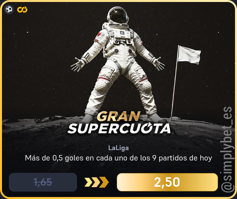 simplybet_es's tweet photo. 🔊🔊 Supercuota DORADA Winamax 🔊🔊

⚽️ LaLiga (Hoy 21:00)
Más de 0,5 goles en cada uno de los 9 partidos de hoy
1.65 ➡️ 2.50 (51.52%) [10€]

#winamax #supercuota #dorada https://t.co/WJvyVz4Lne