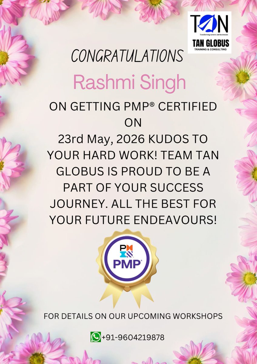 tanveermsayed's tweet photo. 🎉 Congratulations Vishal Srivastava &amp; Rashmi Singh on achieving PMP® with AT/AT/AT across all domains! 🏆

Ready to be next? 🚀 New PMP Batch: June 13,14 | 20,21 | 27,28 | July 4,5

#PMP #PMPCertification #TANGlobus #SuccessStory #CareerGrowth https://t.co/wMyXxywqcR