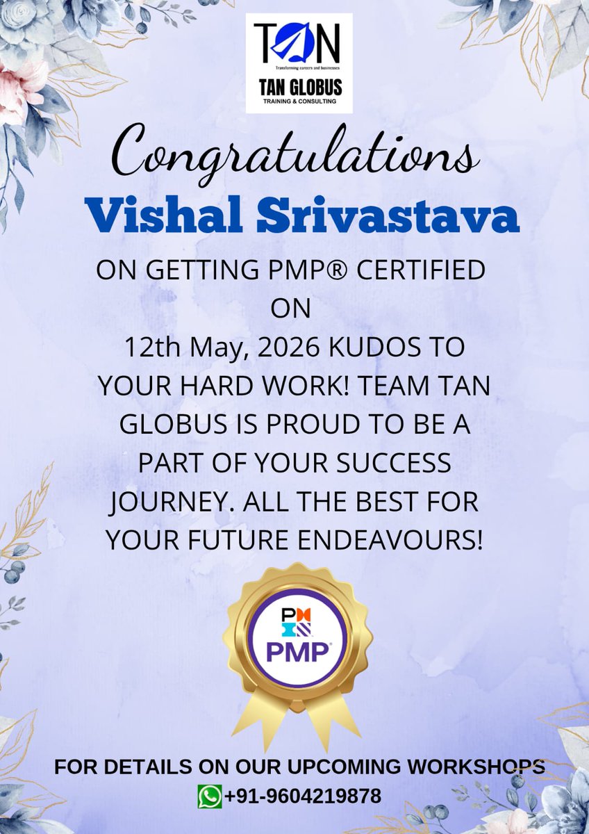 tanveermsayed's tweet photo. 🎉 Congratulations Vishal Srivastava &amp; Rashmi Singh on achieving PMP® with AT/AT/AT across all domains! 🏆

Ready to be next? 🚀 New PMP Batch: June 13,14 | 20,21 | 27,28 | July 4,5

#PMP #PMPCertification #TANGlobus #SuccessStory #CareerGrowth https://t.co/wMyXxywqcR
