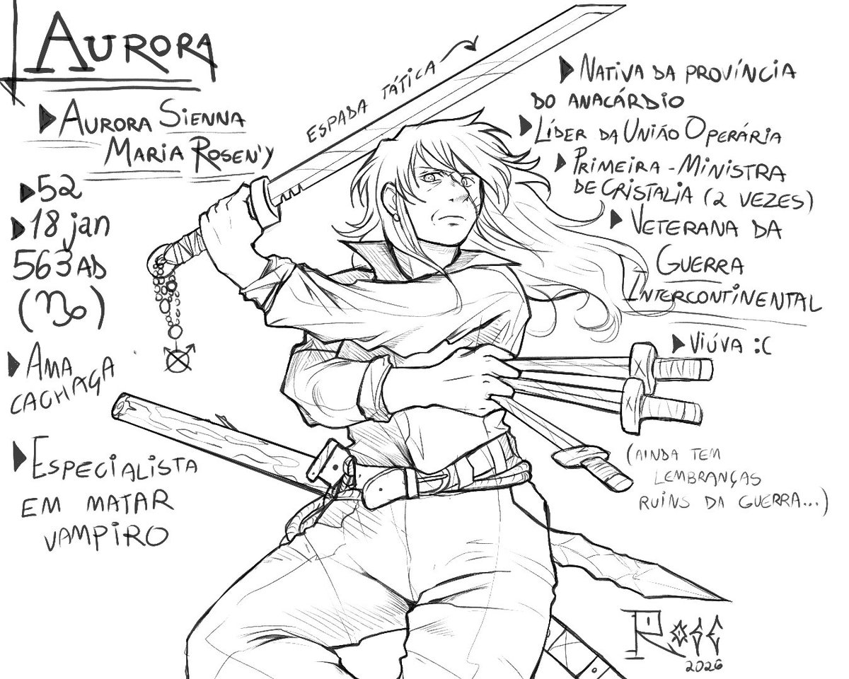 RoseZoiudaDRAW's tweet photo. @Dragotachi1 @pessoadoX This is Aurora, a veteran soldier who became the prime minister of a kingdom in crisis. She was framed for murder by a close family member and is triying to get revenge. She also loves alcohol, crafting things like knives and bowls and walking around nature. https://t.co/U2RDVU5BBI