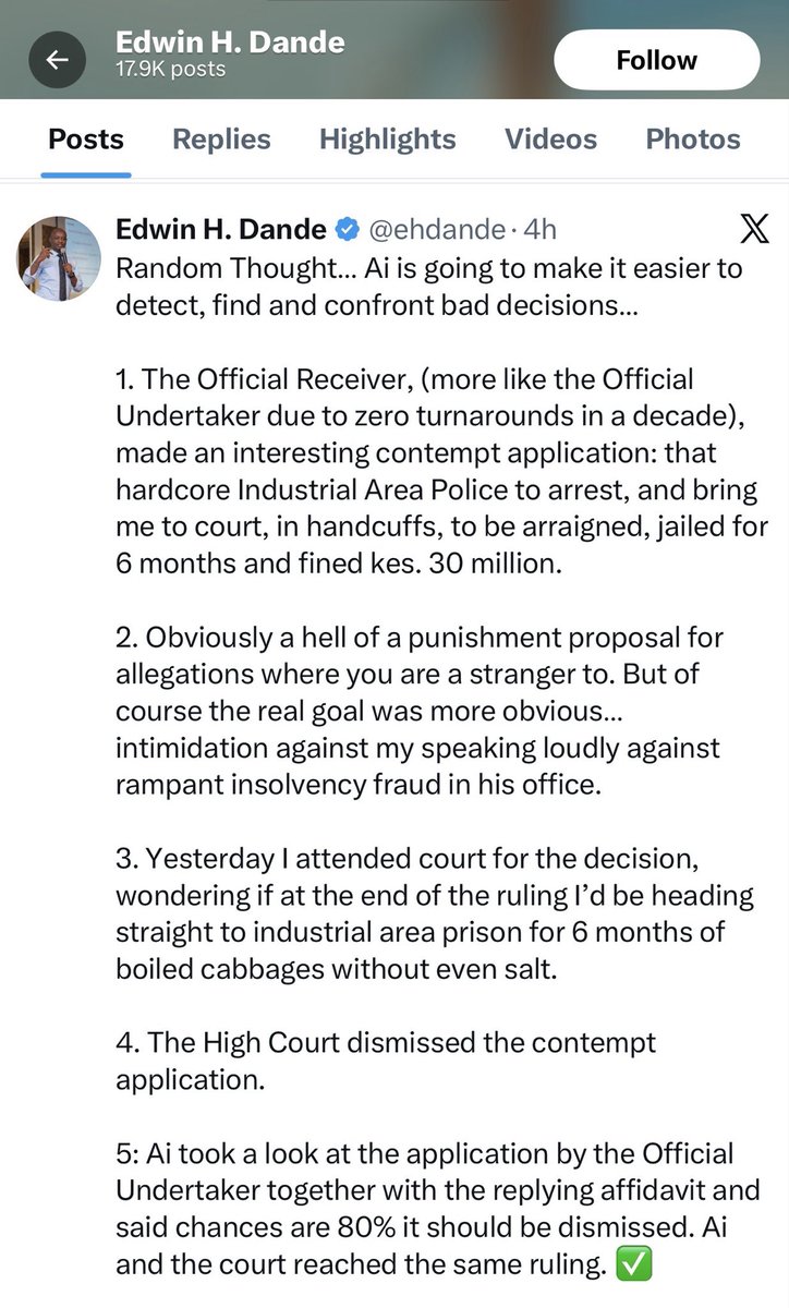 miamoreazure's tweet photo. Cytonn’s own update has quietly exposed the contradiction in Edwin Dande’s triumphant AI narrative. @ehdande @CytonnInvest @Ndonglaw043 @Paul_Muite @steveogollaw 
Yes — the contempt application was dismissed.
But look deeper at what the Court actually did:
• Reaffirmed that the Official Receiver has lawful authority to take over Alma as liquidator.
• Declared the Alma management committee’s actions null and void.
• Ordered the Kiambu County Commander to secure the takeover.
• Directed service charge and rent collections to go to the Official Receiver.
• Dismissed applications seeking removal of the Official Receiver.
• Extended preservation and suspension orders over Kilimani, Ridge and Newtown.
• Directed all Cytonn/SPV/homeowner applications toward a composite ruling on 17 July 2026.
That is not a judicial endorsement of Cytonn.
It is the Court preserving the insolvency architecture while demanding stricter accountability, reporting and orderly process.
The irony is remarkable:
Dande celebrates an AI prediction on contempt dismissal while ignoring the far more consequential findings sustaining the liquidation framework and the Official Receiver’s statutory mandate.
In insolvency litigation, parties often confuse “winning one application” with “winning the war.”
The core findings still remain standing:
• CHYS & CPN remain in liquidation.
• Preservation/tracing structures remain alive.
• The OR’s authority remains intact.
• SPV resistance continues to face judicial control.
• Asset realization has merely been paused and supervised — not abandoned.
AI can summarize pleadings.
AI can estimate litigation probabilities.
But AI cannot rewrite court orders or erase the economic reality already recognized by the courts: that Cytonn’s interconnected SPV structure remains under intense judicial scrutiny.
17 July 2026 is now the date to watch.