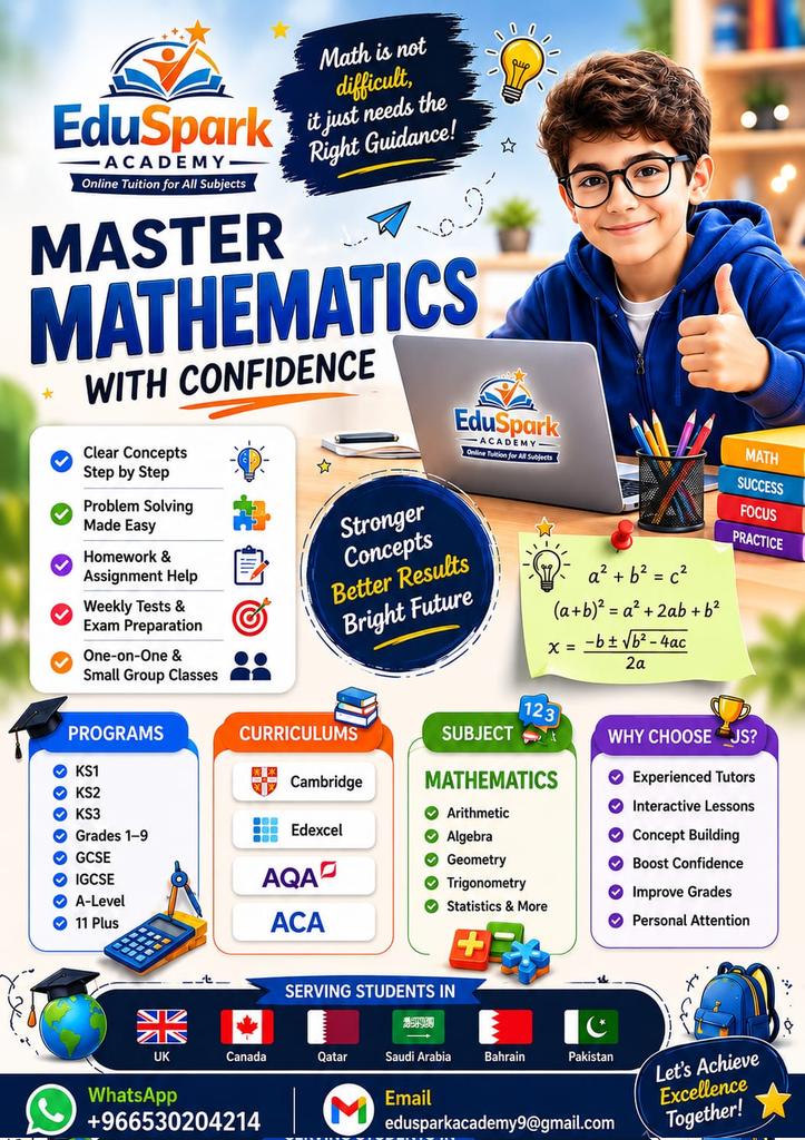 insight_44's tweet photo. ✨ EduSpark Academy – 
Master Mathematics with Confidence! ✨

📚 Learn Maths the easy way with expert tutors!
✅ Clear Concepts
✅ Homework Help
✅ Exam Preparation
✅ One-on-One &amp; Group Classes

📖 Curriculums: 
Cambridge | Edexcel | AQA | ACA

🎯 Levels: KS1 to A-Level | GCSE https://t.co/snPTSM2m0E