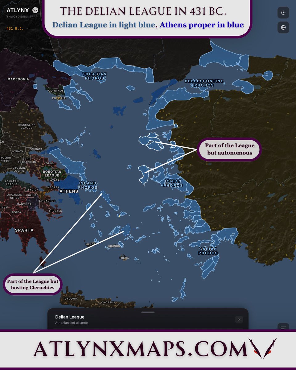 AtlynxMaps's tweet photo. The Delian League in 431 BC.
By 431, the League had transformed into an arm of the Athenian Empire, sending tributes and/or ships to Athens. Athenian directly-held territories (outside of the Delian League) are depicted in dark blue.
#delianleague #ancienthistory #atlynx #maps https://t.co/P9WAVu7Yn2