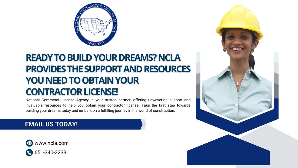 License_Agency's tweet photo. 🏗️ #NCLASpotlightSaturday: Ready to get licensed and build your future? NCLA provides the support you need every step of the way.
📞 651-340-3233 | 🌐 https://t.co/IZlxJtleAu
#Contractors #Construction #Licensing #NCLA #Saturday https://t.co/0qfV9CvfbY