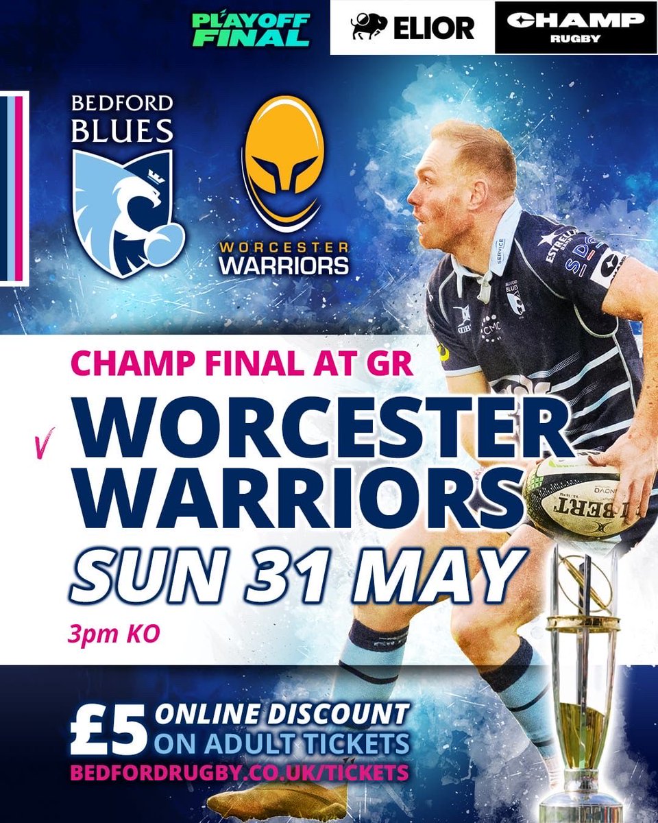 BedfordBluesSC's tweet photo. 𝐄𝐥𝐢𝐨𝐫 𝐂𝐡𝐚𝐦𝐩 𝐑𝐮𝐠𝐛𝐲 𝐅𝐢𝐧𝐚𝐥 𝟐𝟎𝟐𝟓/𝟐𝟔 🏆

Goldington Road is ready for next Sunday… are you? 

We’ll host Worcester Warriors with the trophy on the line on Sunday 31st May (KO 3pm) 🤝

Tickets for the showpiece finale ➡️ 
https://t.co/sQXtYk2Tur https://t.co/qMvSrISLyB