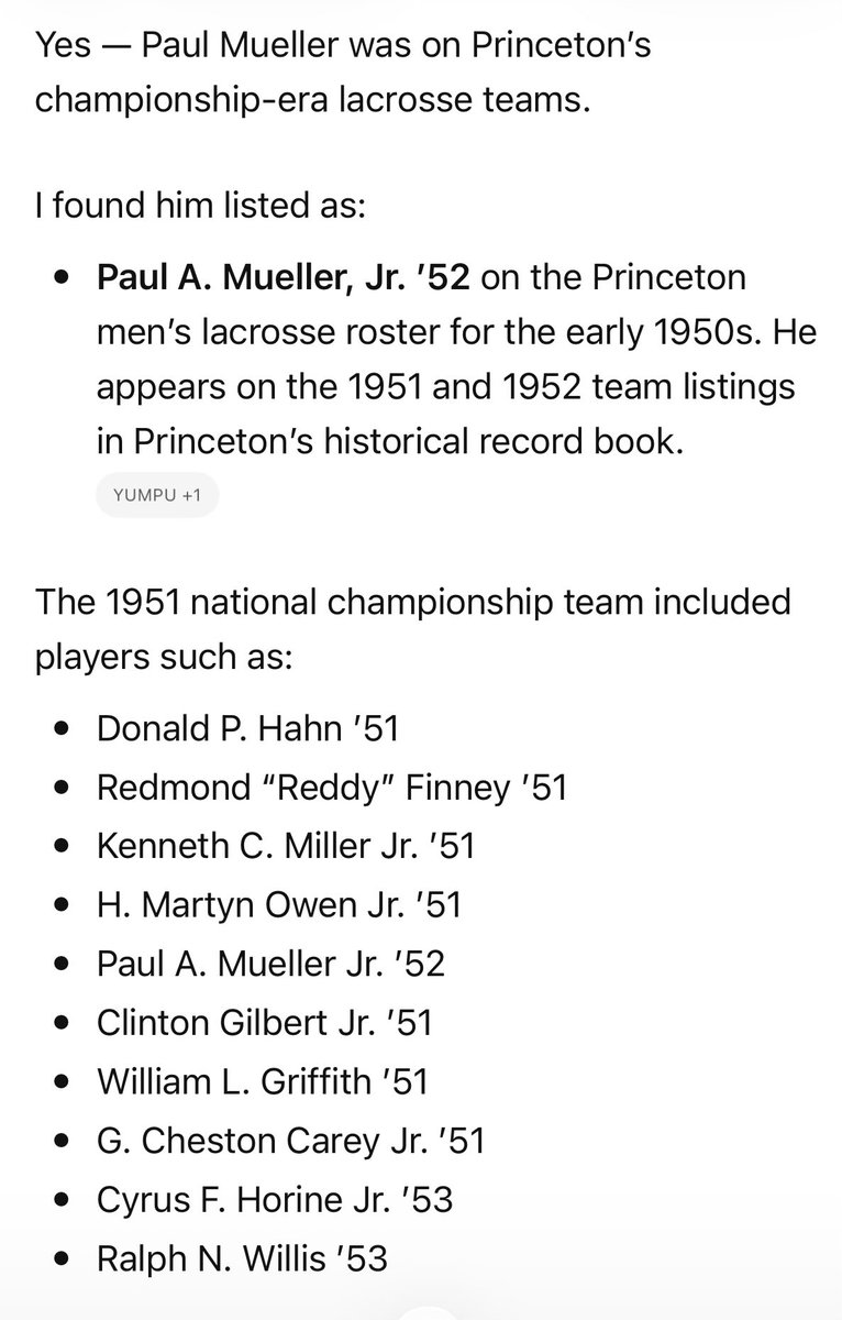zenfossil's tweet photo. @TigerLacrosse @Princeton @PUTIGERS @IvyLeague @NCAALAX @USALMag Congratulations! Paul Mueller from the 1951 championship team is still alive and well at 95 years old. https://t.co/1GAxVyZ0NS