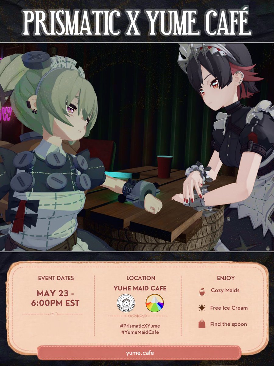 prismaticarchiv's tweet photo. Have you checked our latest collab with our friends at Yume Maid Café? Happening later tonight! 6PM EST
→ https://t.co/jurbTOfC08
#VR #VRChat #VRCEvent https://t.co/r88j6pb1dt