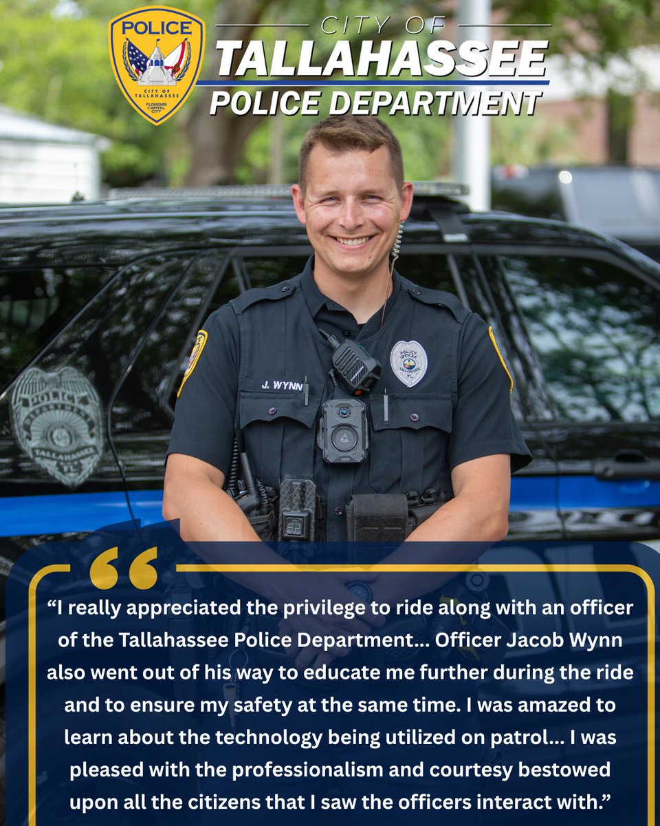 TallyPD's tweet photo. A recent ride-along with Officer Wynn gave one community member a closer look at the work TPD do each day. They shared appreciation for the opportunity to learn, and see firsthand the professionalism and courtesy shown throughout the shift. Moments like these matter. #HereForYou https://t.co/fJMnPrNYLP