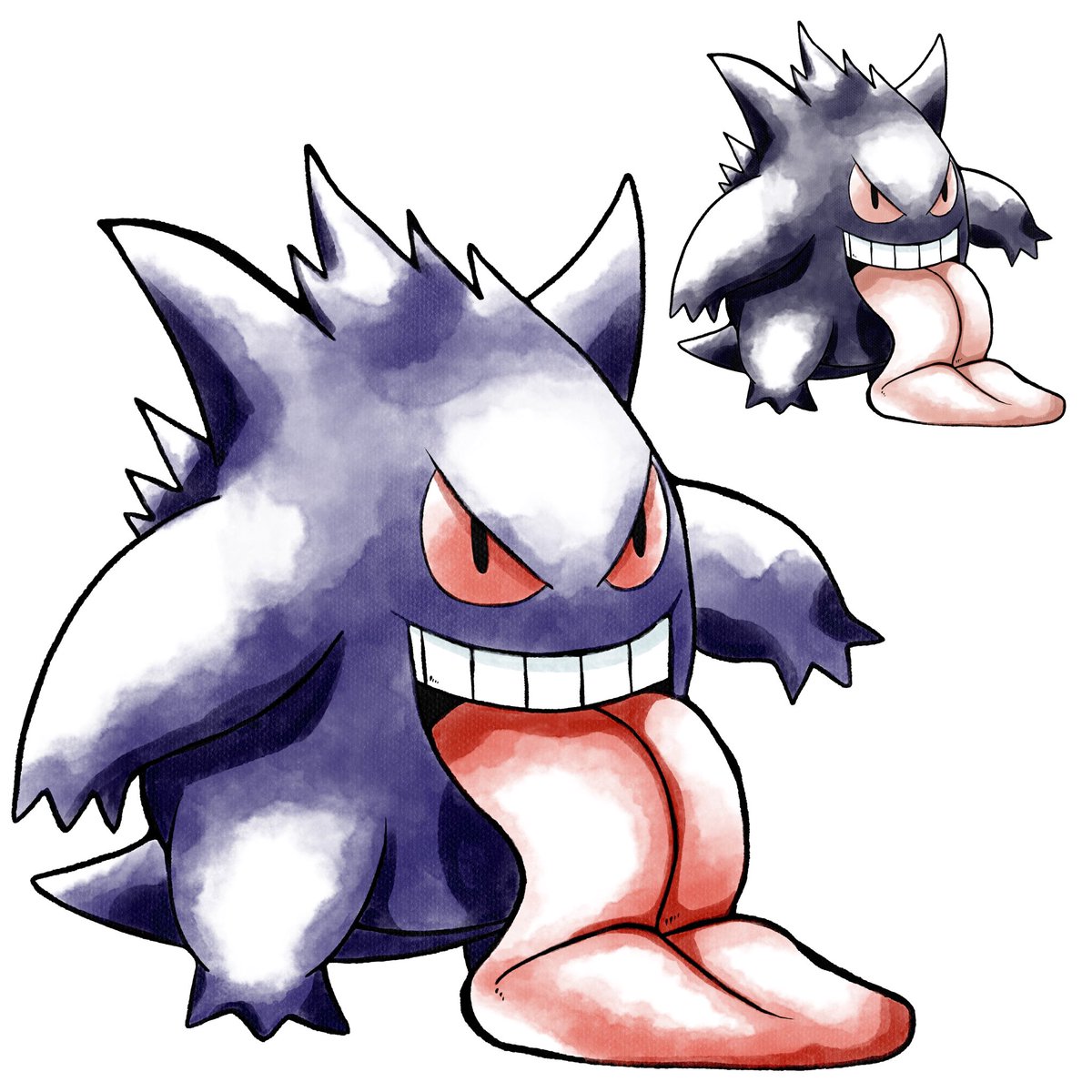 domiNATION_ART's tweet photo. Gengar drawn in the original watercolor style! 😈👻

This is my first of many redraws since I’m making these physically now! Do you prefer the digital (Left) or the physical (Right)? https://t.co/ub4ge0eOte