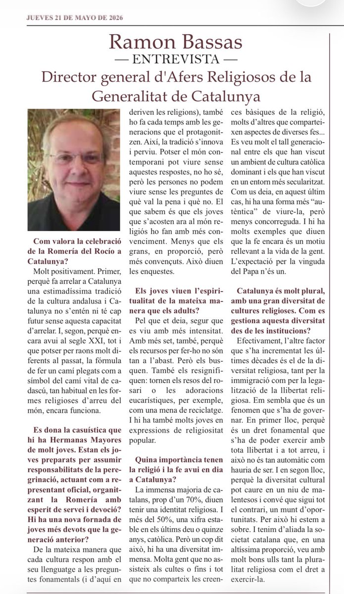 ramonbassas's tweet photo. 🗣️ «La fe encara és un motiu rellevant a la vida de la gent. L’expectació per la vinguda del Papa n’és un exemple». 

👉 M’entrevisten a la revista de la Romeria del Rocío de Catalunya que la @FederacionFecac organitza novament a Terrassa. https://t.co/LlyJCyuPuH