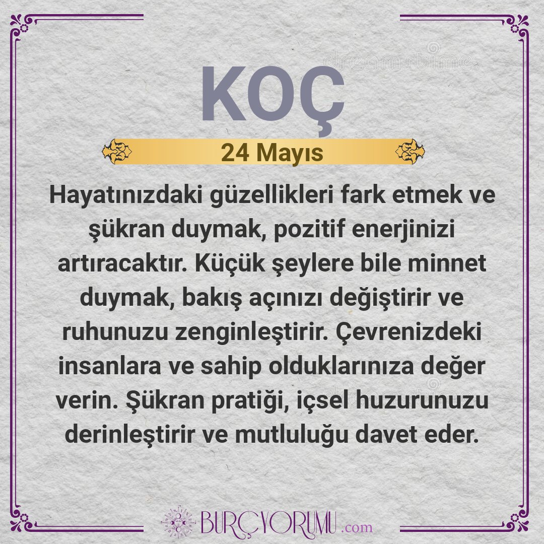 BurcYorumu_App's tweet photo. ✨ 24 Mayıs Koç Günlük Yorumu

Hayatınızdaki güzellikleri fark etmek ve şükran duymak, pozitif enerjinizi artıracaktır. Küçük şeylere bile minnet...

#Koç #KoçBurcu #Astroloji #BurçYorumları https://t.co/FGkfmjWJC1