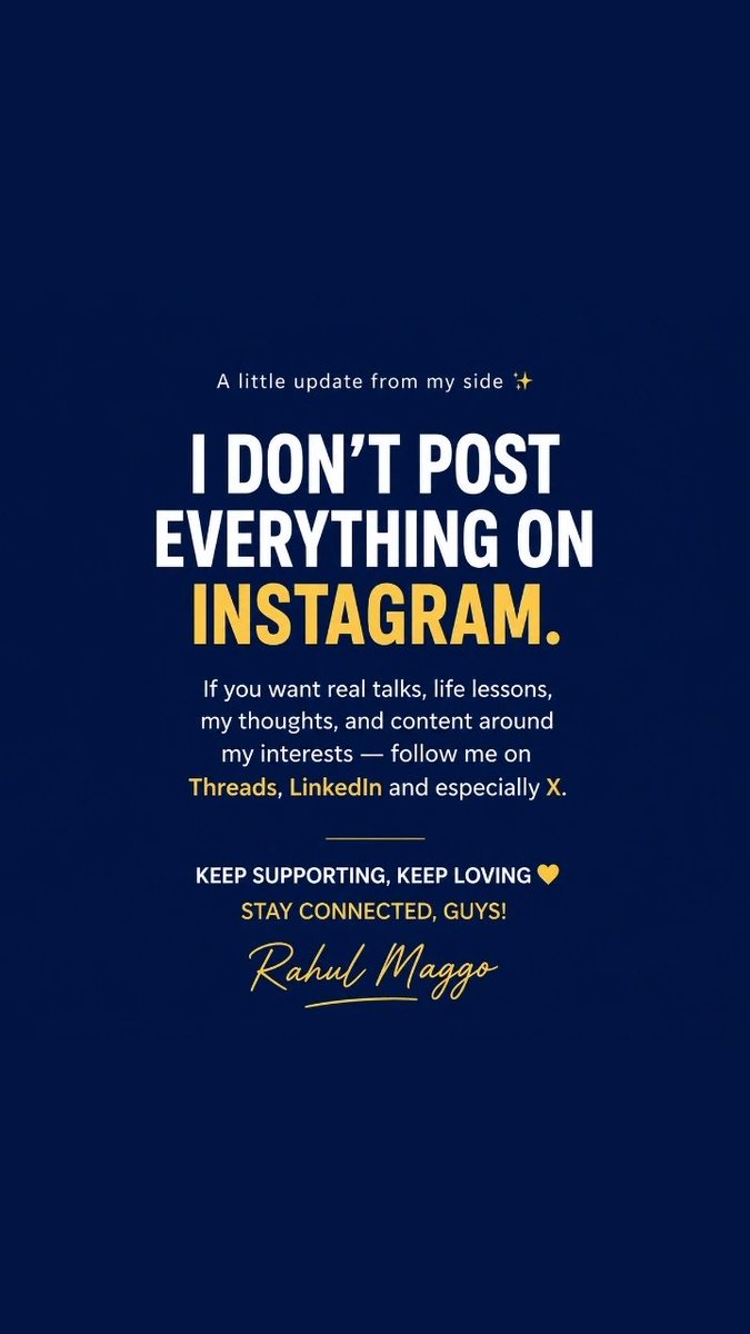 RahulMaggo10's tweet photo. Not everything belongs on Instagram. 

I share a more real side of my journey, thoughts, and life talks here on X, Threads &amp; LinkedIn. ❤️

Keep supporting, keep loving &amp; stay connected.
— Rahul Maggo 🚀

#LSGvsPBKS #PunjabKings Shreyas Iyer 🔥 #RahulMaggo 
#AmaalBackOnTV India https://t.co/CIOjtTPENb