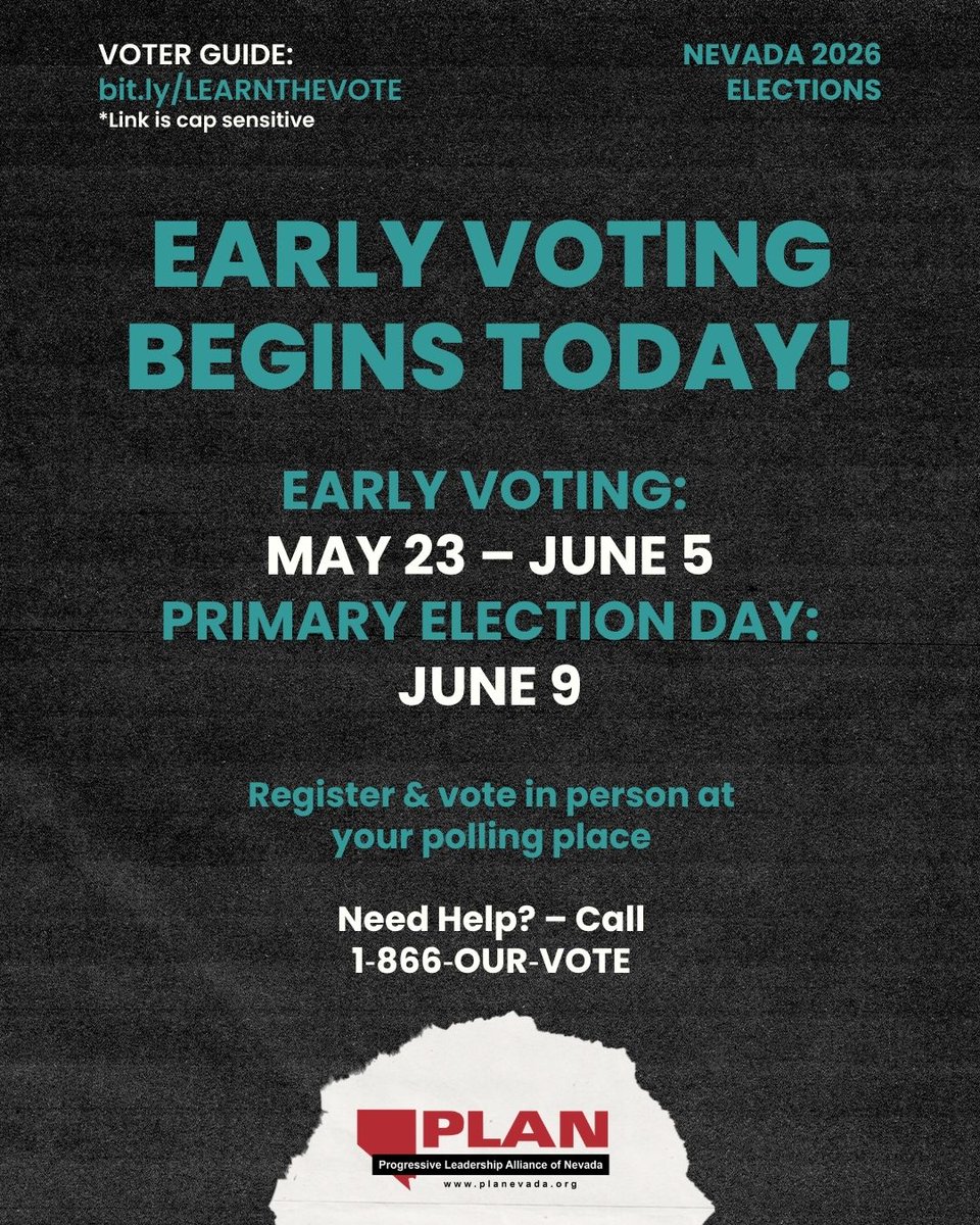 PLANevada's tweet photo. ‼️Early voting for the primary begins today‼️Make your voice heard. 
Early Voting: May 23 - June 5
Primary Election day: June 9
#Vote #Nevada2026Elections #VoteWithPower 
https://t.co/4S8dKpoZ9w https://t.co/c2x9Kk5iCe