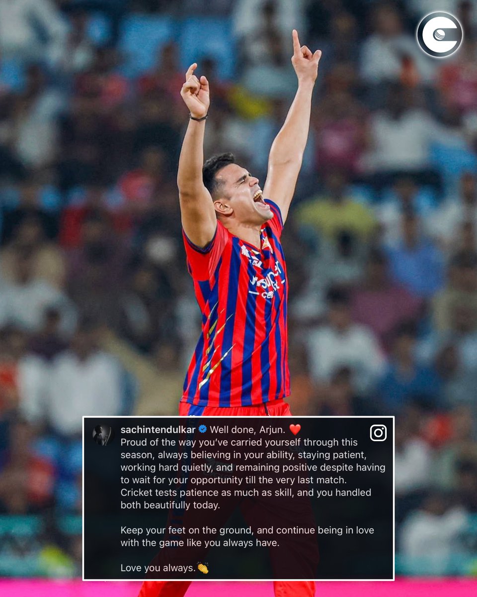 circleofcricket's tweet photo. Sachin Tendulkar pens a heart-warming note for his son Arjun Tendulkar, who made his debut for Lucknow Super Giants against Punjab Kings ❤️
#IPL2026 #PBKSvLSG #LSG https://t.co/C3hwAyK6Pv