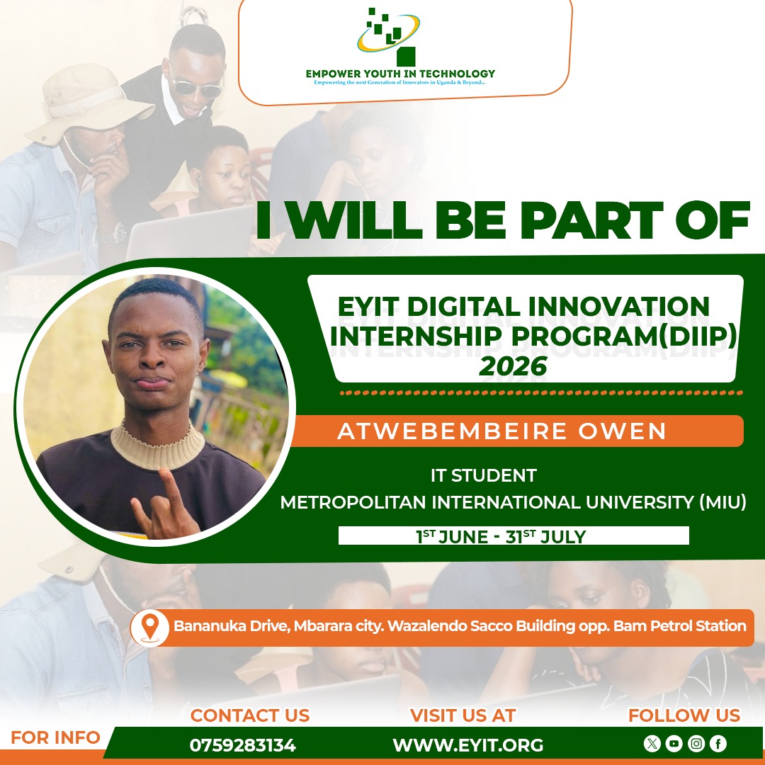 eyit_ug's tweet photo. The countdown to #DIIP2026 is on. 
These students are pursuing IT programs from @USJM_Official, @MbararaUST, @BishopStuartUni, @MIU_Uganda Mbarara campus. This year's cohort will focus on building AI bsased solutions
#DIIP2026 #DigitalInnovation #YouthInnovation #DigitalSkills https://t.co/M6pj72164m