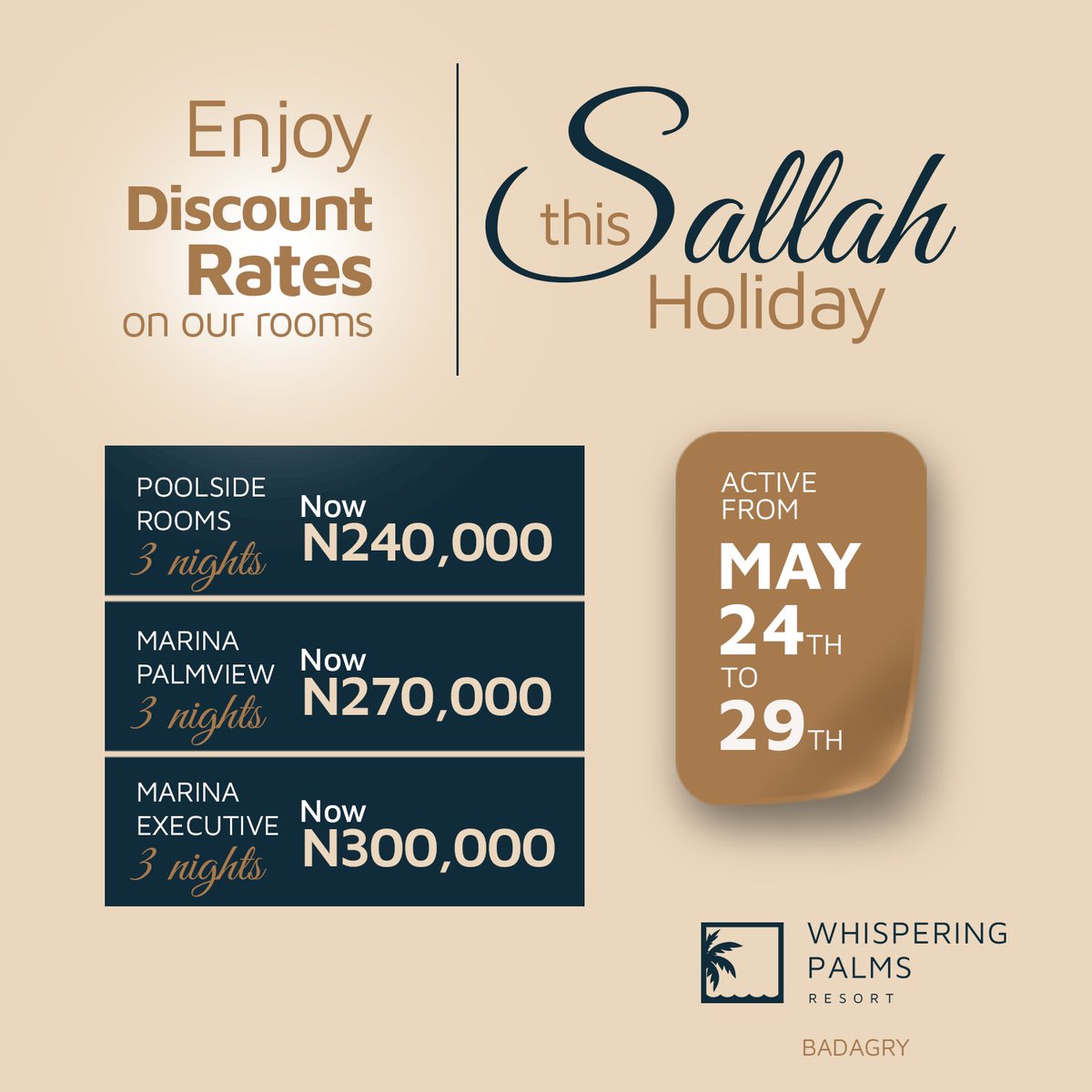 thecableng's tweet photo. Enjoy discounted room rates this Sallah holiday at Whispering Palms Resort, Badagry https://t.co/zbeE2AX5aW