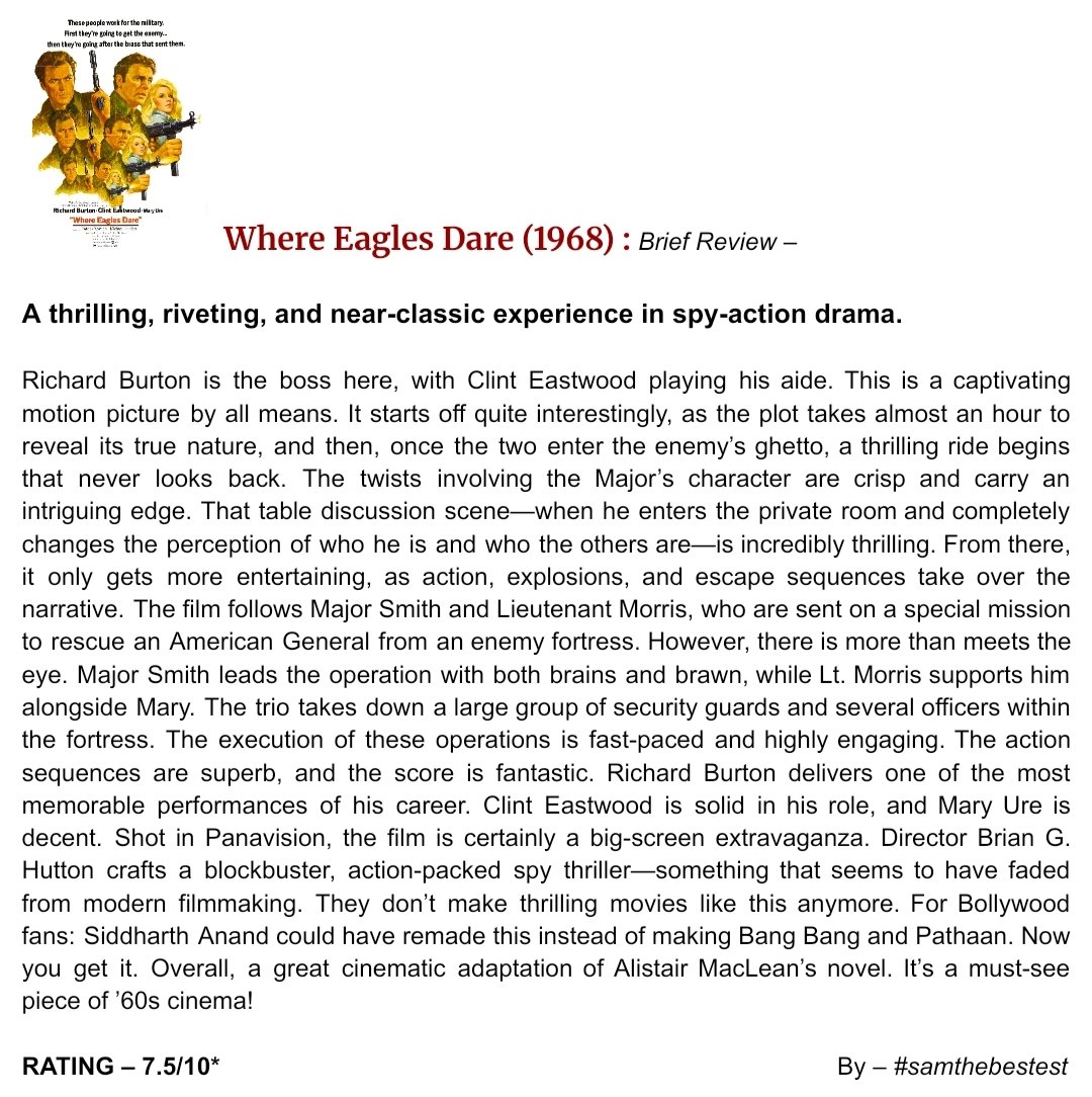 SAMTHEBESTEST_'s tweet photo. #WhereEaglesDare (1968) :
A thrilling, riveting, and near-classic experience in spy-action drama.
RATING β 7.5/10*
#BrianGHutton #RichardBurton #ClintEastwood #MaryUre #MichaelHordern #PatrickWymark https://t.co/k9e54eLQqE