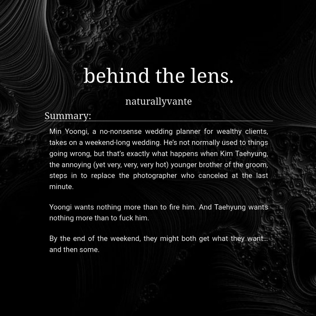 idyllicsoullll's tweet photo. 💌 Behind the lens.
🖋️ : by naturallyvante (@naturallyvante) for @festtaegi
📎 https://t.co/RWRB2ipgY9

• 29k (TaeGi)
• Strangers to Lovers
• Workplace Romance
🎭 Wedding Planner Yg, Photographer Tae
🏷️ : Mutual Pining, Banter, Teasing, Flirting, Wedding Planning, Hook-ups https://t.co/glxWoT2zQ6