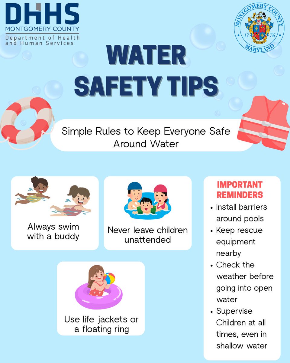 Healthy_MoCo's tweet photo. Kick off the summer safely! As you head to the beach/pool this #MemorialDay2026

For more water safety tips check out: https://t.co/01ODPqJQKL https://t.co/lViuCGJVRj